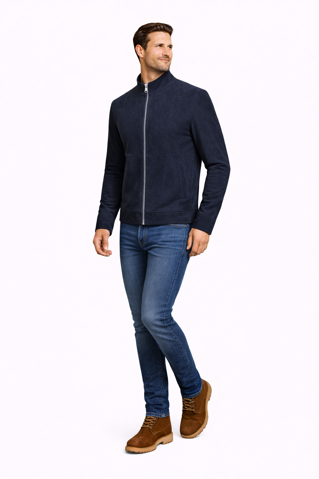 Lamb Leather Navy Blue Suede Jacket for Men