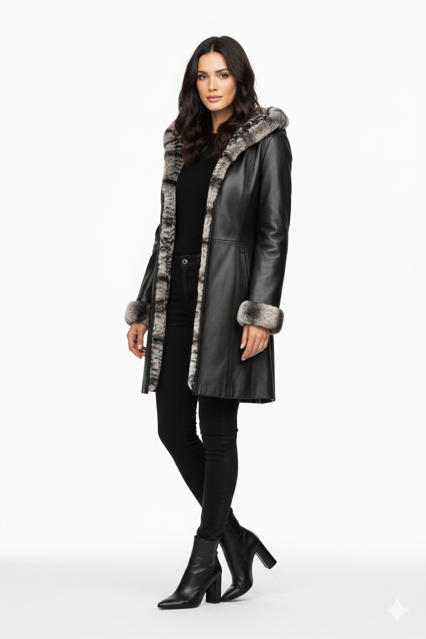 Lamb Leather Black Leather with Rex Fur Jacket for Women Long Model