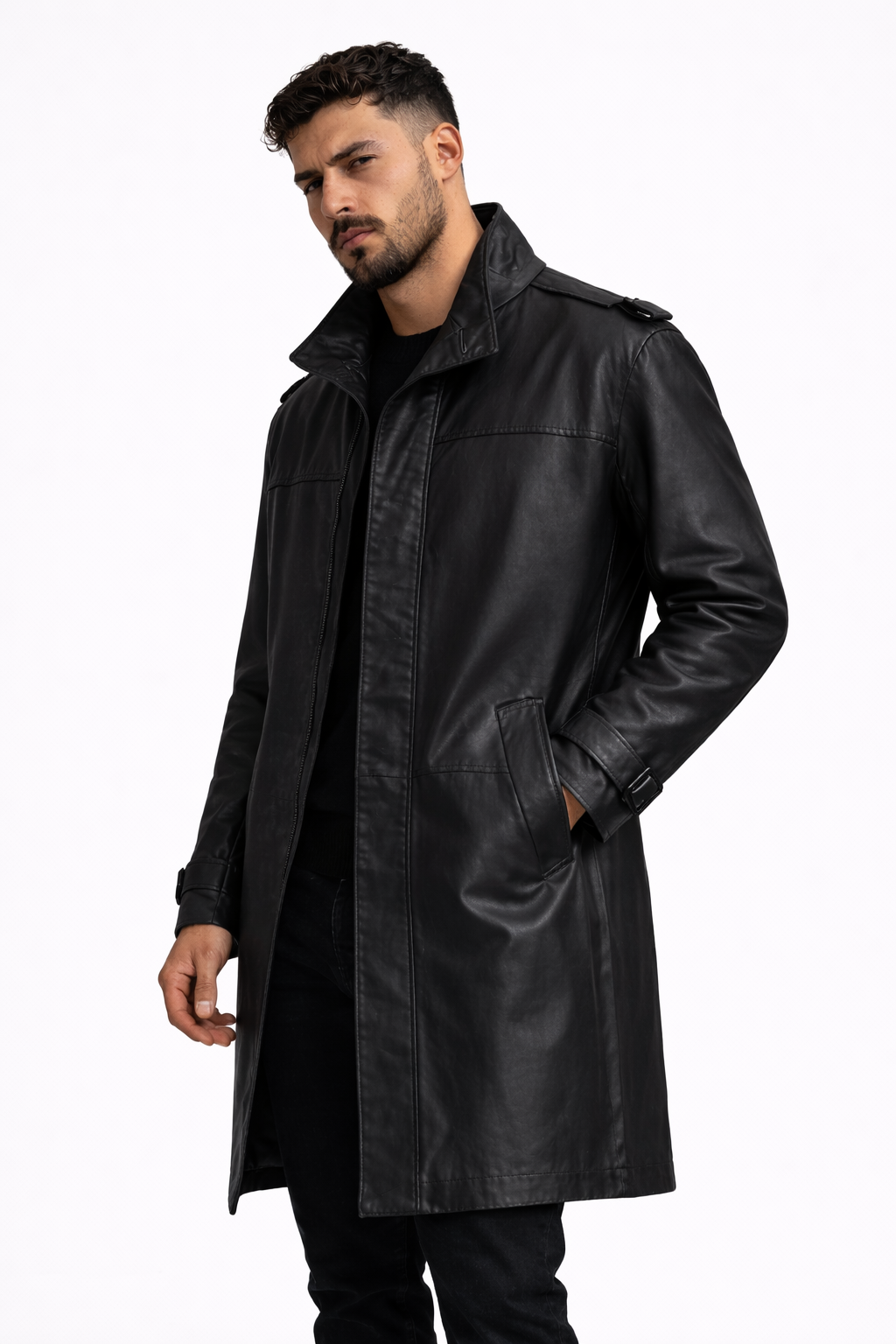 Lamb Leather Black Long Leather Jacket for Men