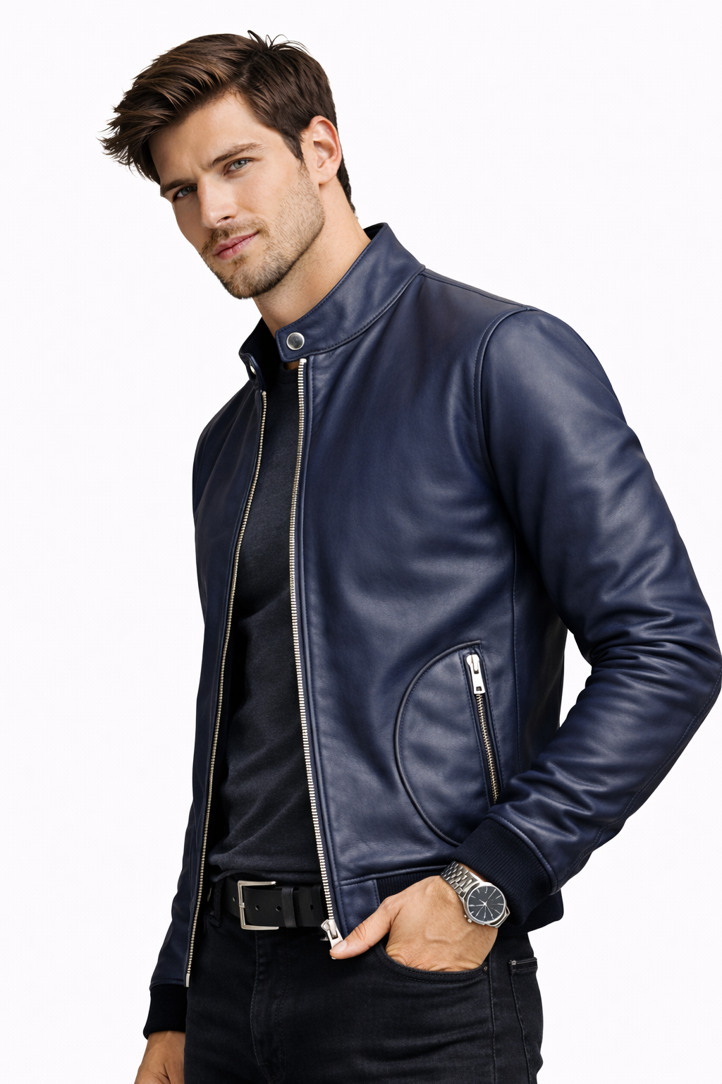 Lamb Leather Navy Blue Leather Jacket for Men