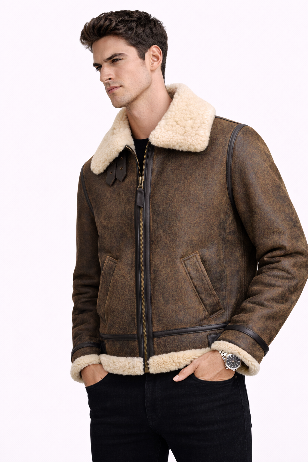 Lamb Leather and Fur Brown Jacket for Men