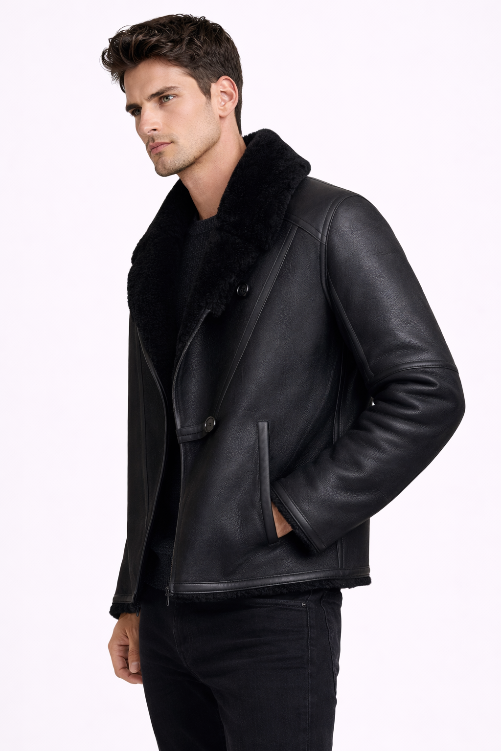 Lamb Leather and Fur Black Jacket for Men