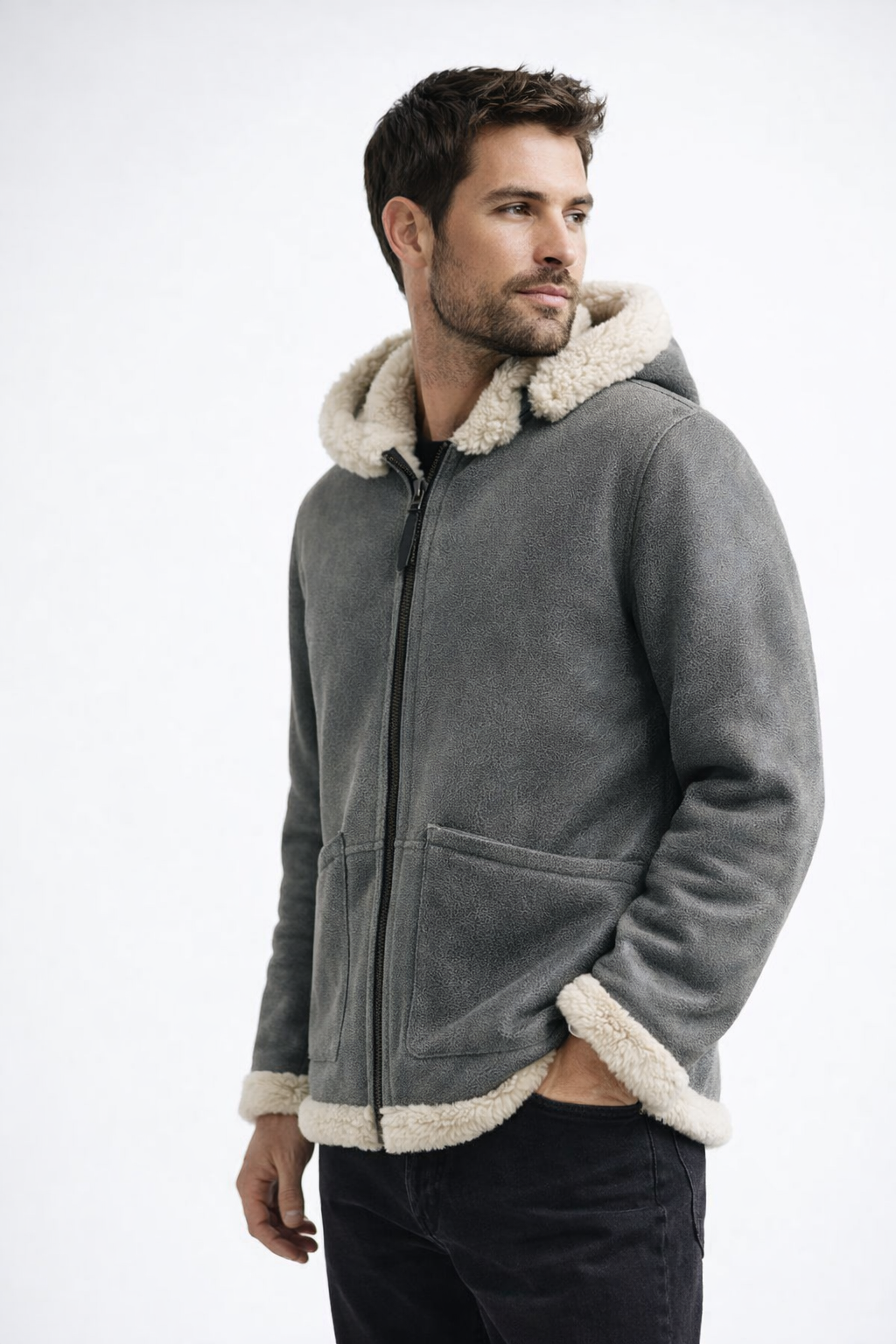 Grey Fur Leather Jacket for Men