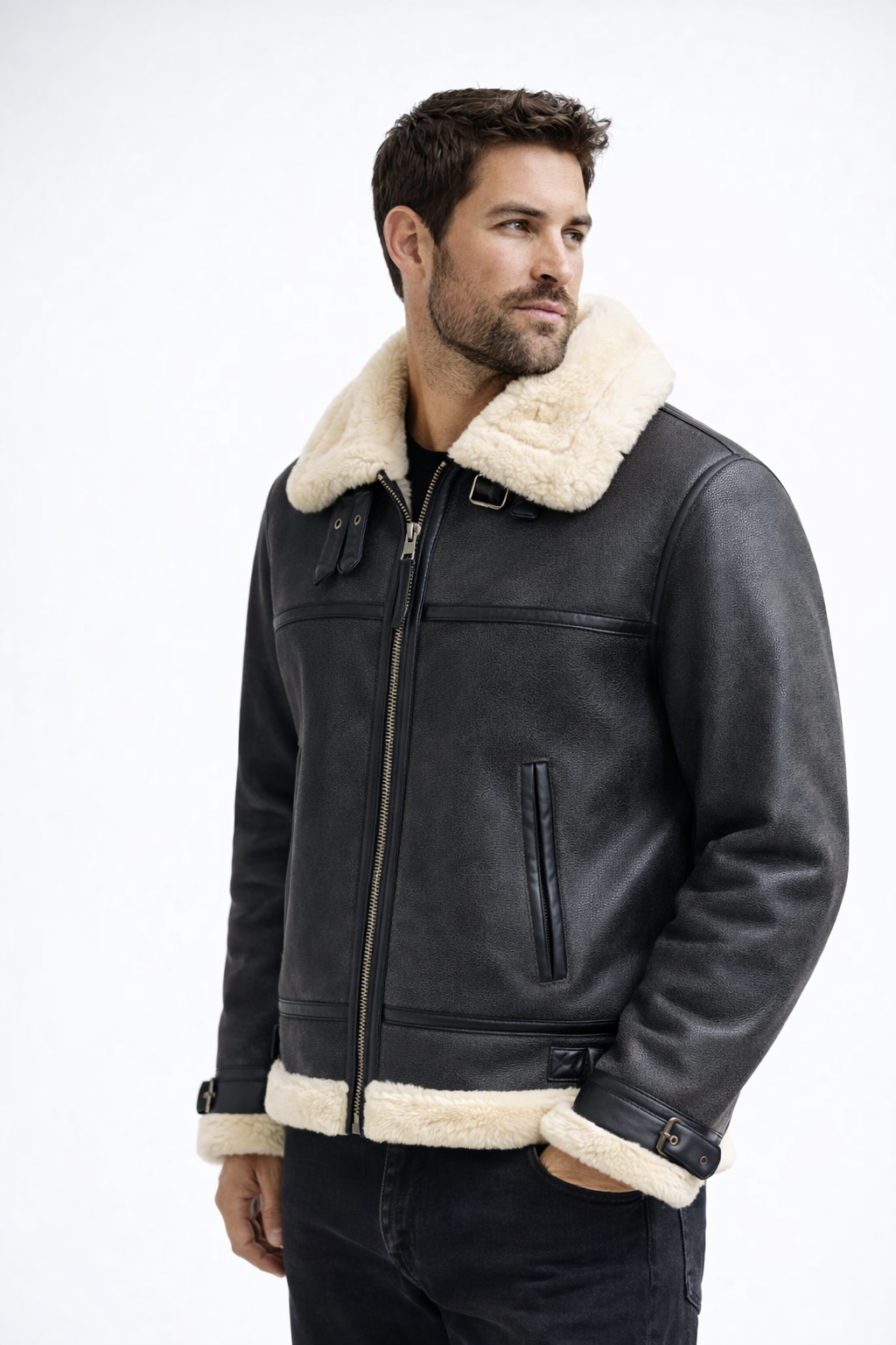 Fur Leather Black Jacket for Men