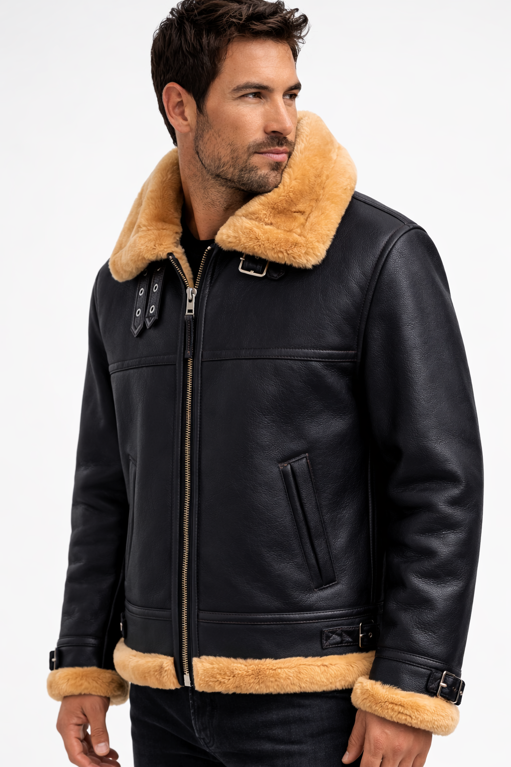 Black Fur Leather Jacket for Men