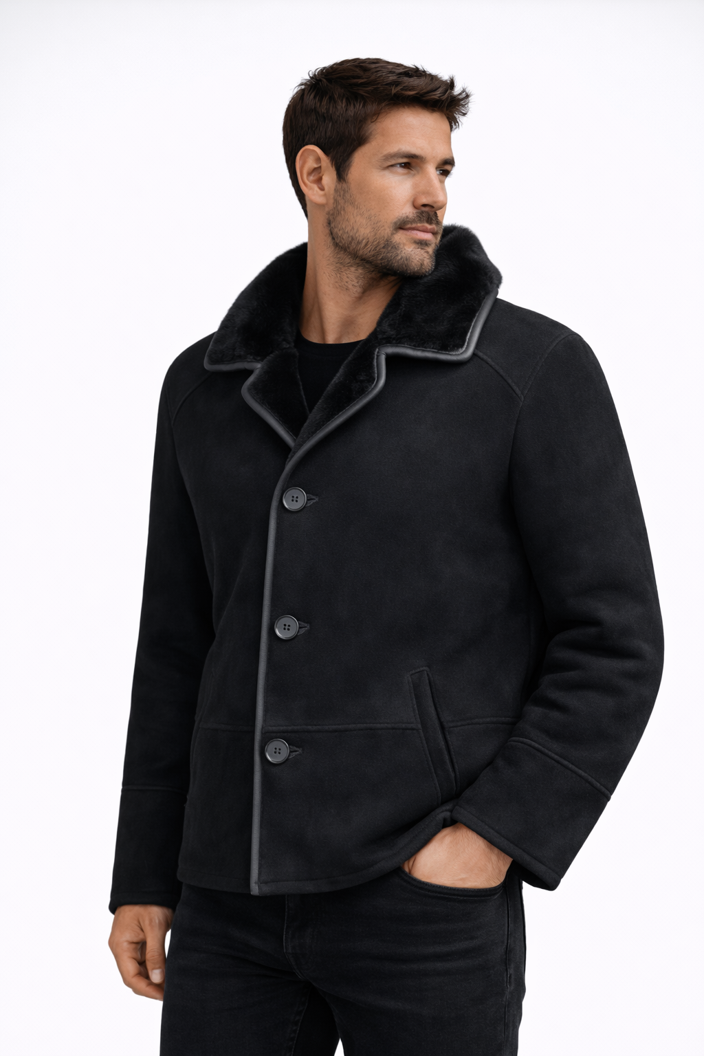 Black Fur Leather Jacket for Men