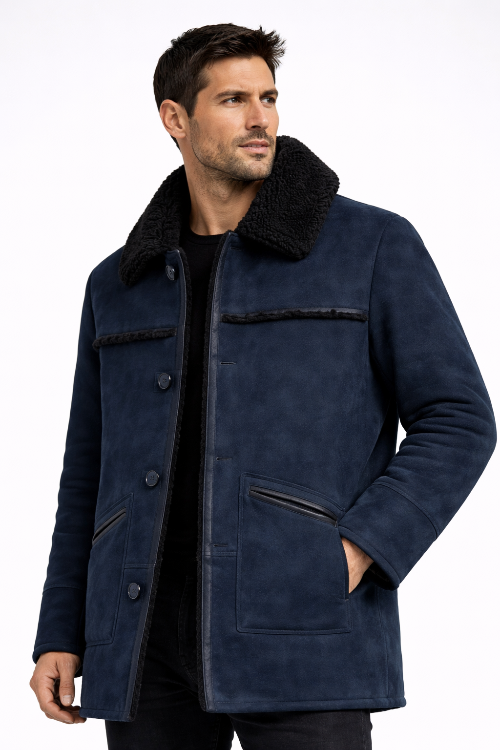 Navy Fur Leather Jacket for Men