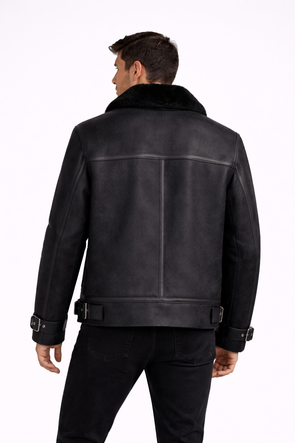 Lamb Leather Black Biker Jacket with Fur for Men