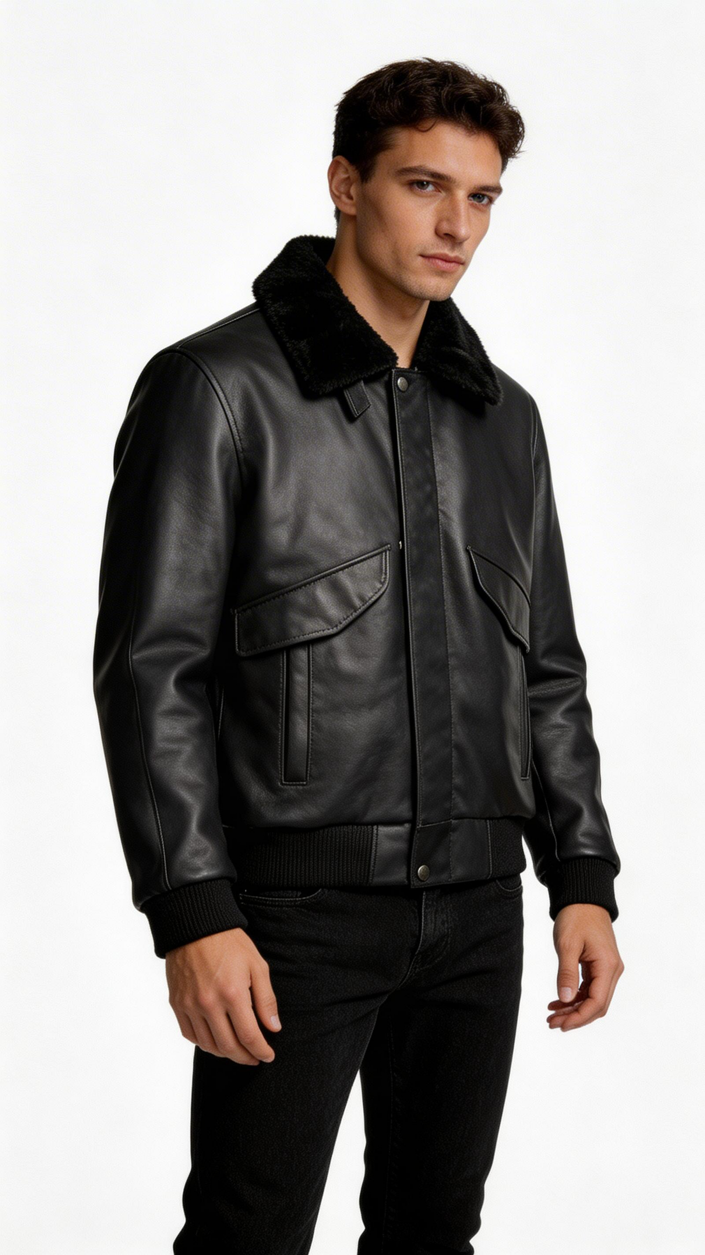 Lamb Leather with Fur Black Leather Jacket for Men