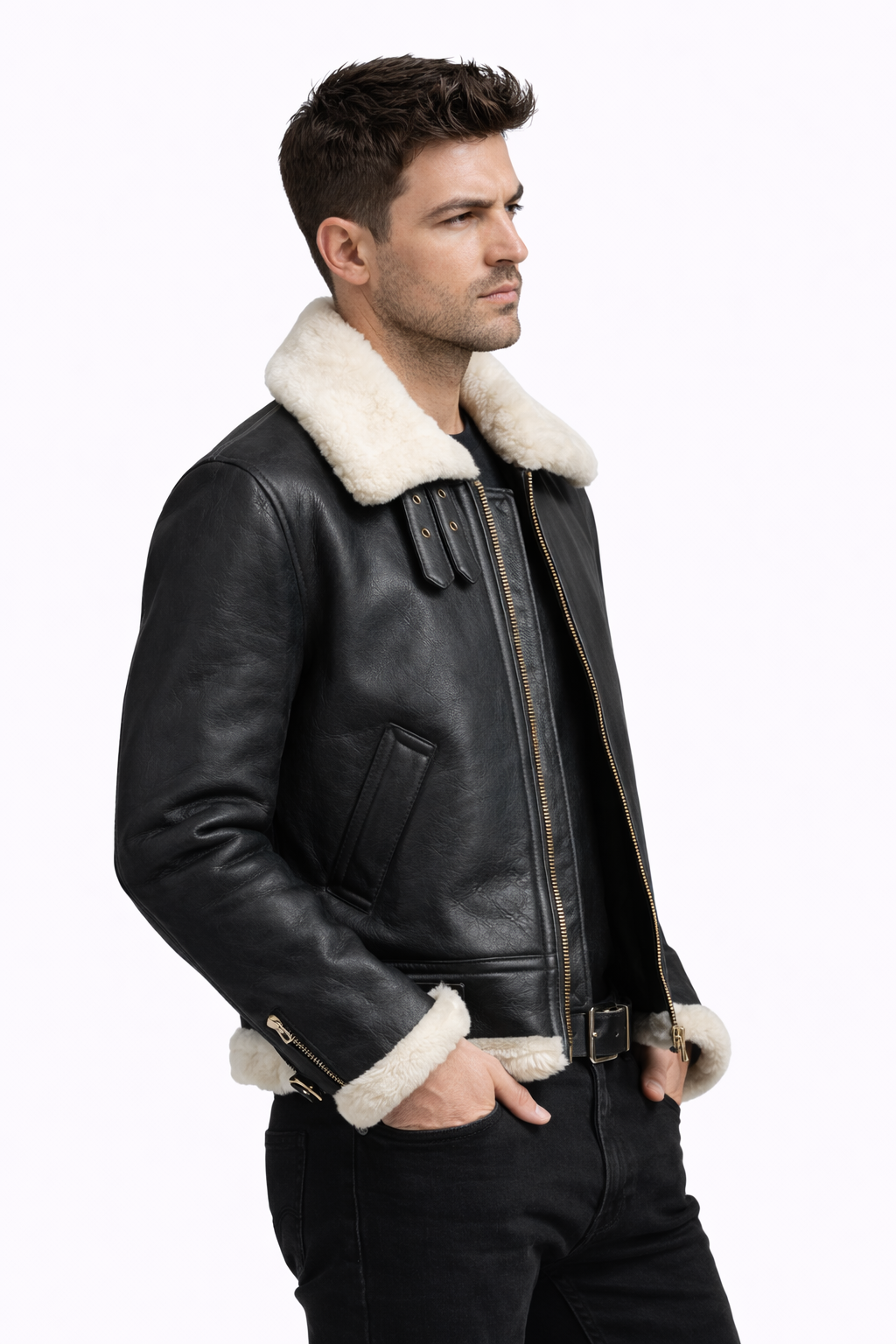 Fur Leather Black Leather Jacket for Men