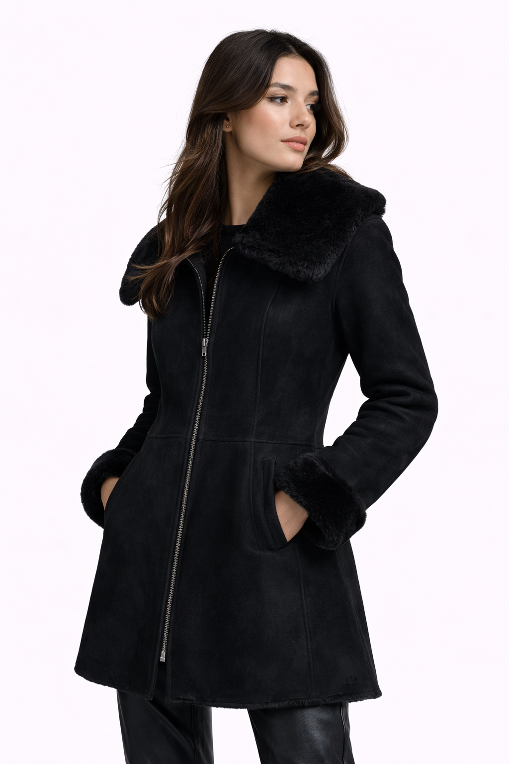 Fur Leather Black Coat Jacket for Women