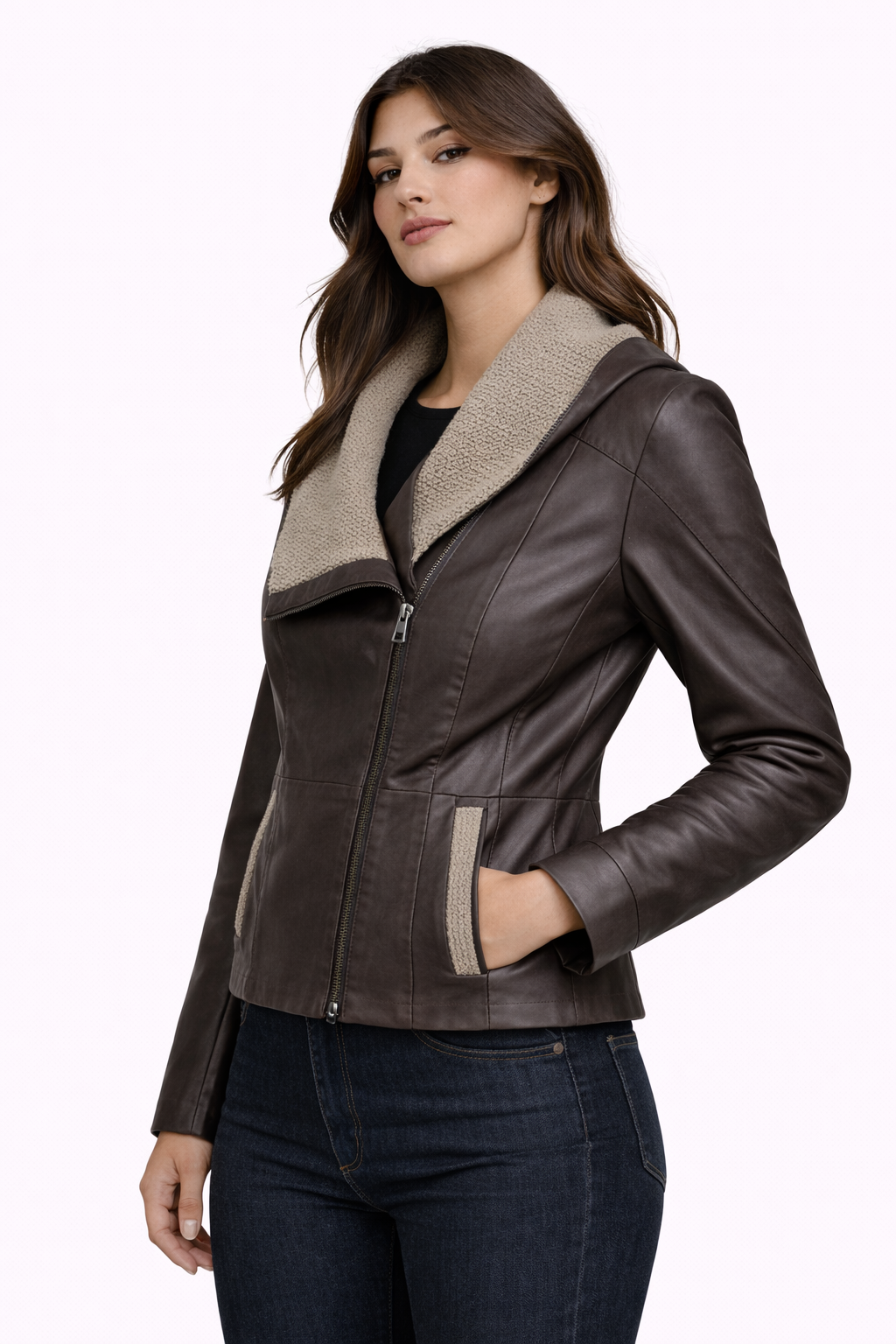 Lamb Leather Dark Brown Leather Jacket for Women