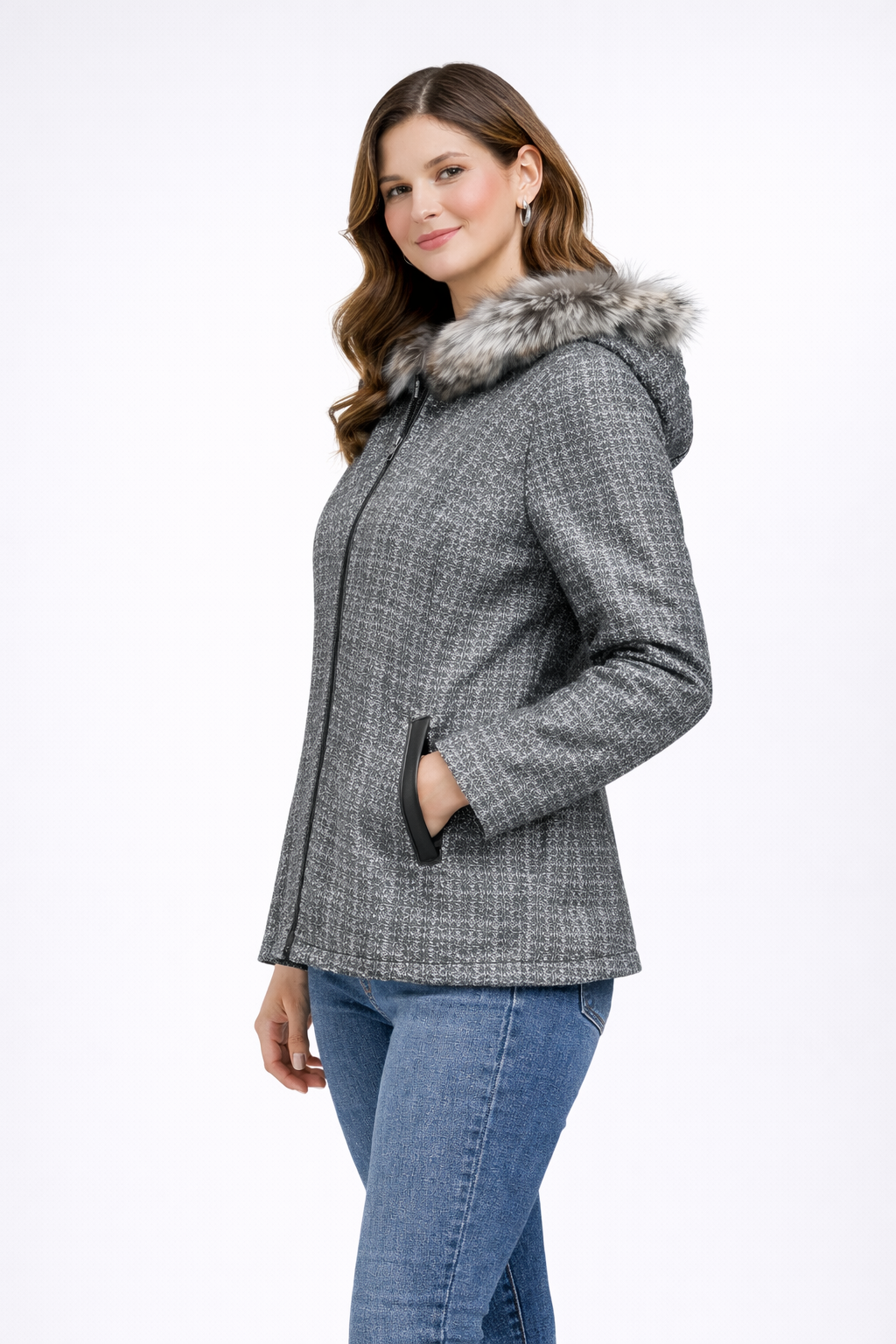 Women's Leather Jacket with Furry Lambskin and Digital Print