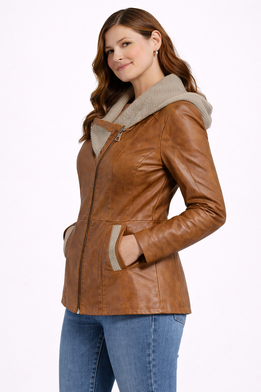 Camel Brown Zipper Women Leather Jacket