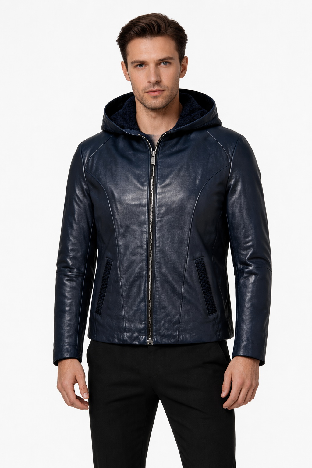 Lamb Leather Black Hooded Jacket for Men