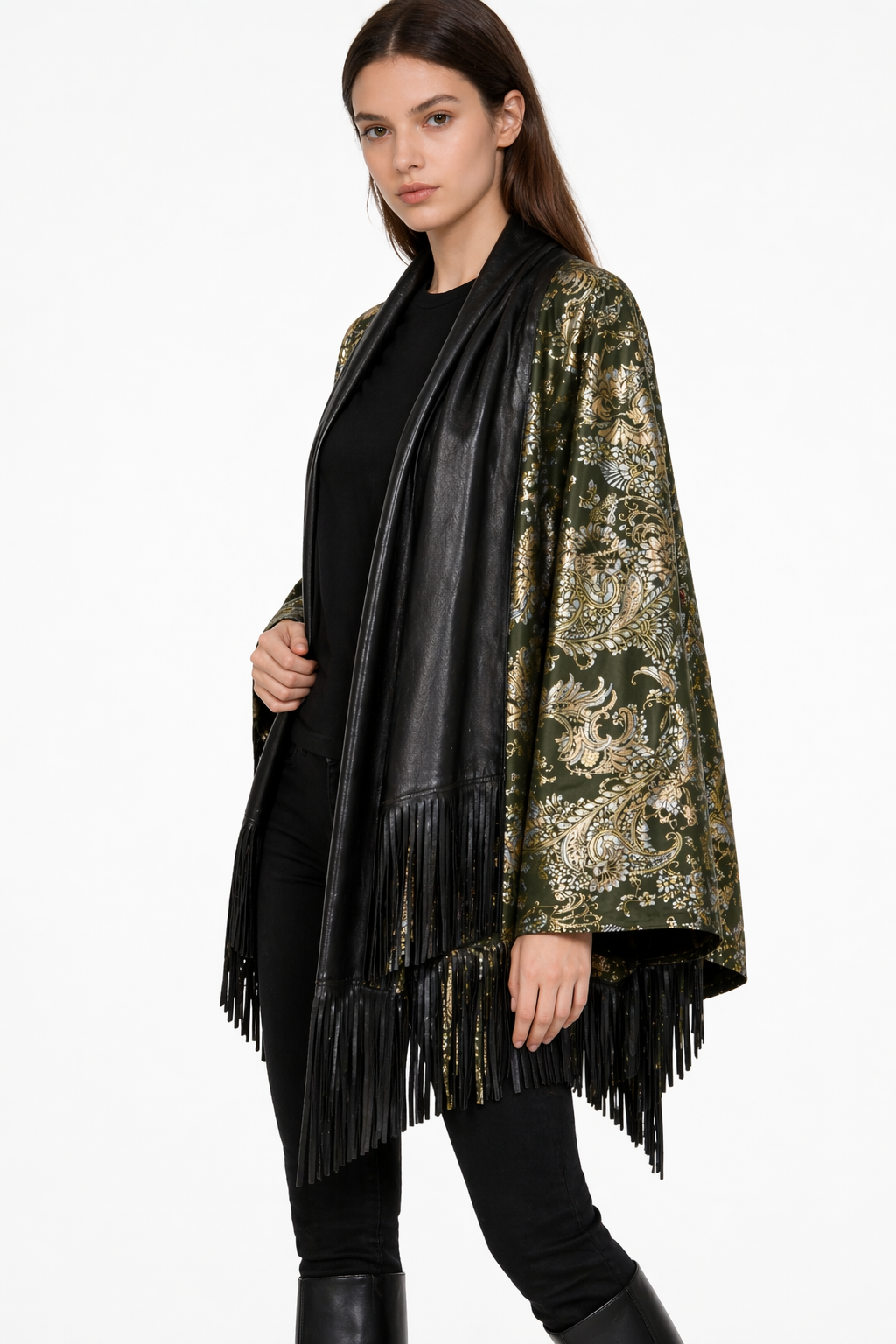 Lamb Leather Black Gold Poncho for Women
