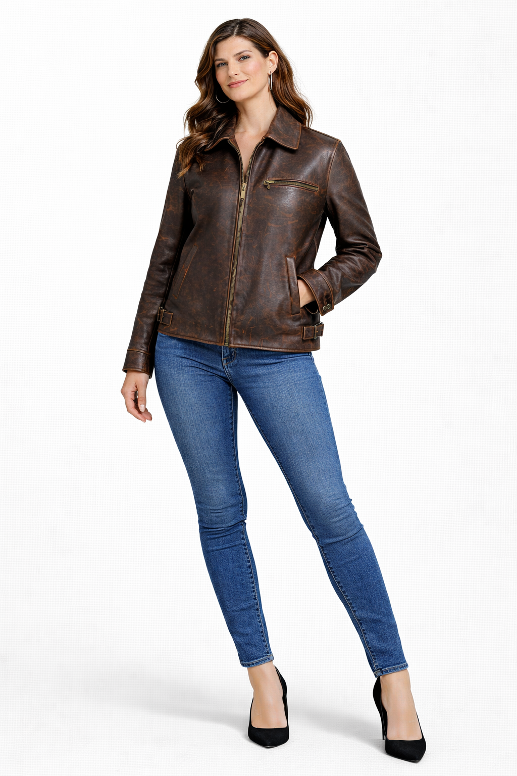 Patterned Dark Brown Lambskin Women Jacket