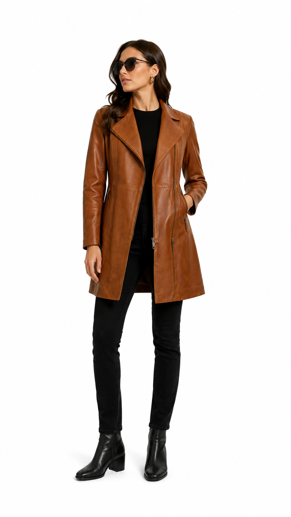 Brown Leather Long Jacket for Women