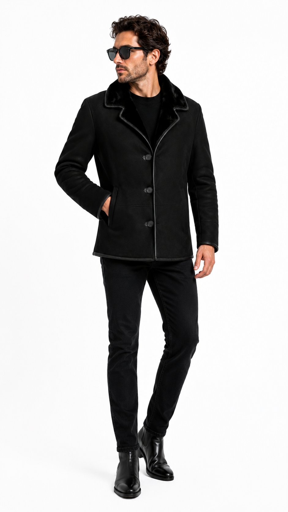 Black Fur Suede Leather Jacket for Men