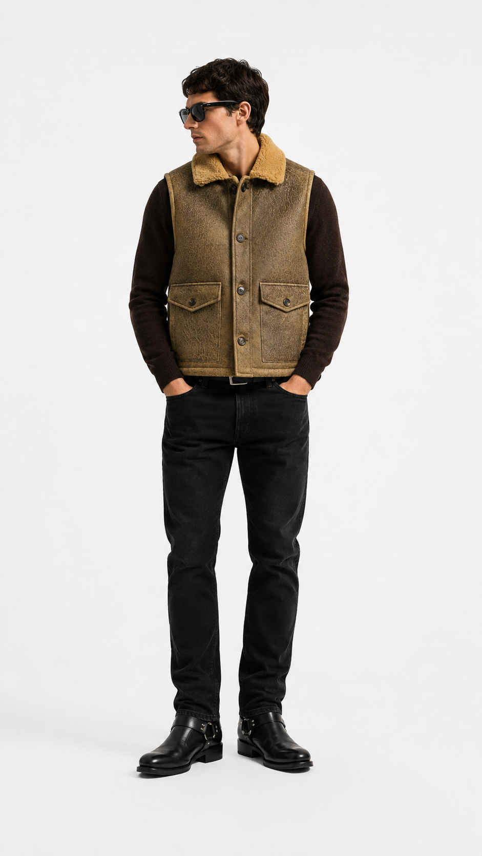 Khaki Brown Leather with Fur Waistcoat for Men