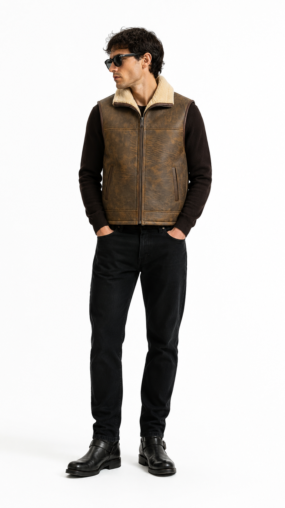 Brown and White Leather Fur Waistcoat for Men