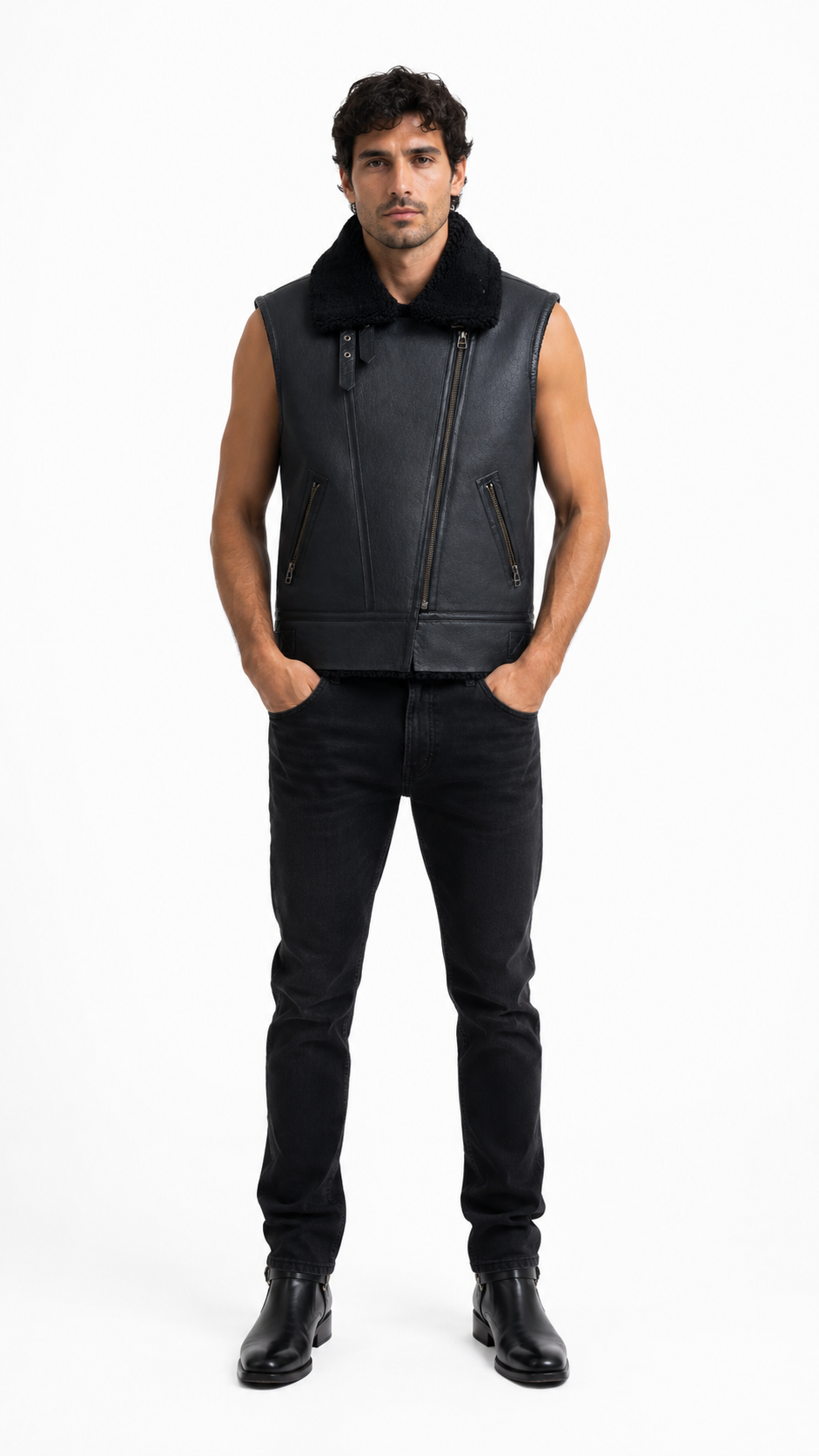 Black Leather and Fur Waistcoat for Men