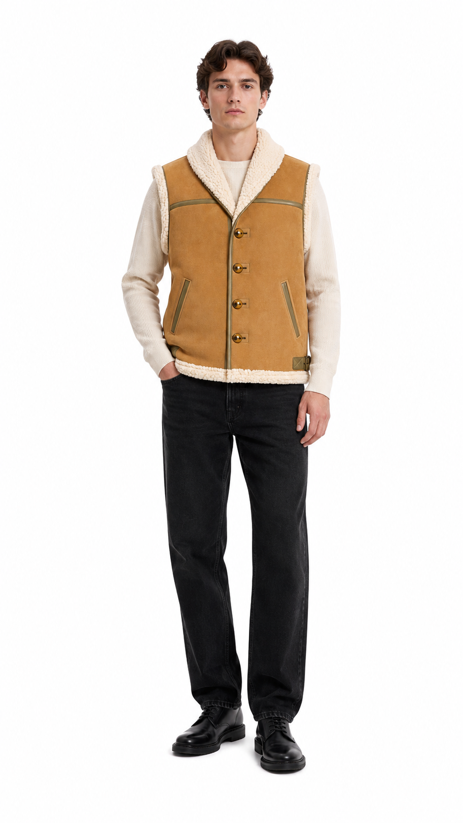 Light Brown White Lamb Fur and Leather Suede Waistcoat for Men
