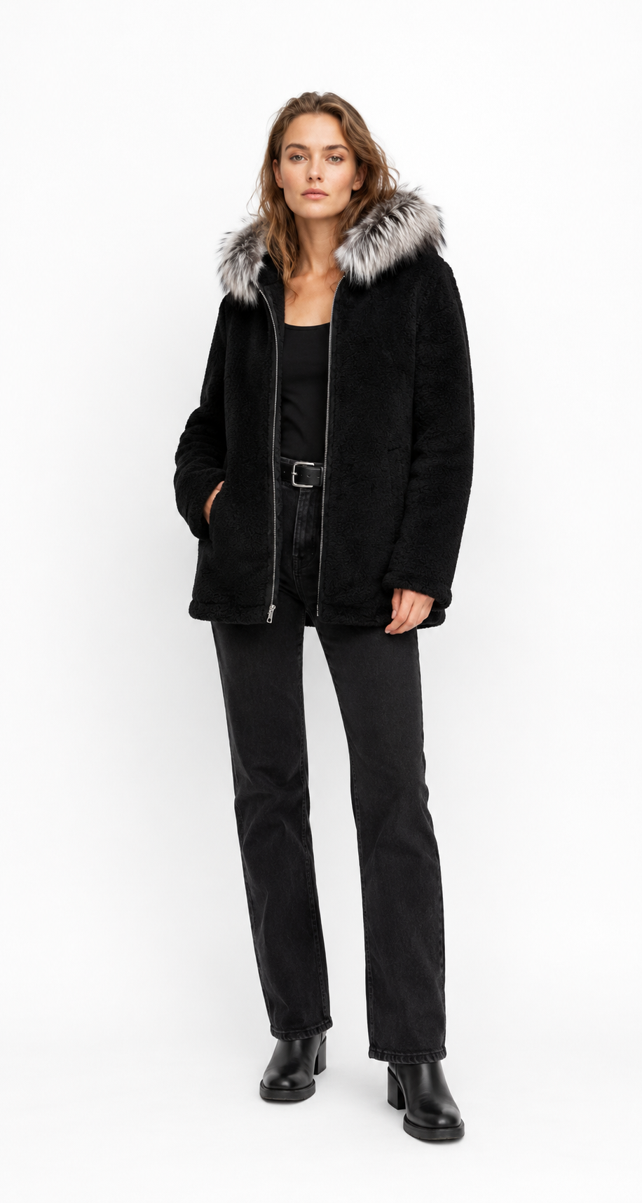 Reversible Black Leather Suede and Digital Printed Leather Hooded Jacket with Fur for Women