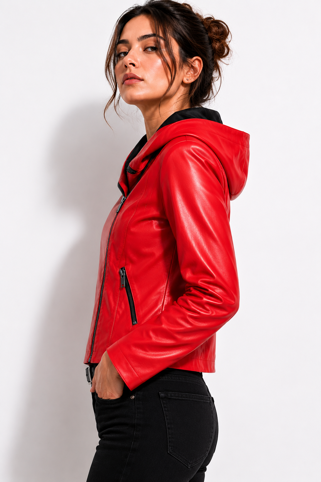 Red Lamb Leather Hooded Jacket for Women