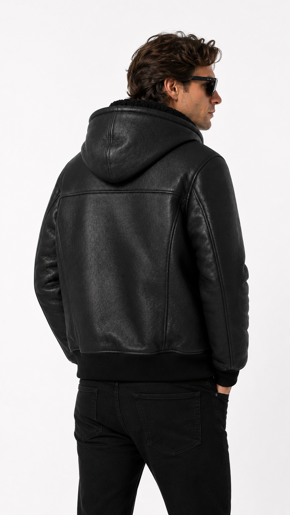 Lamb Leather Fur Black Hooded Jacket for Men