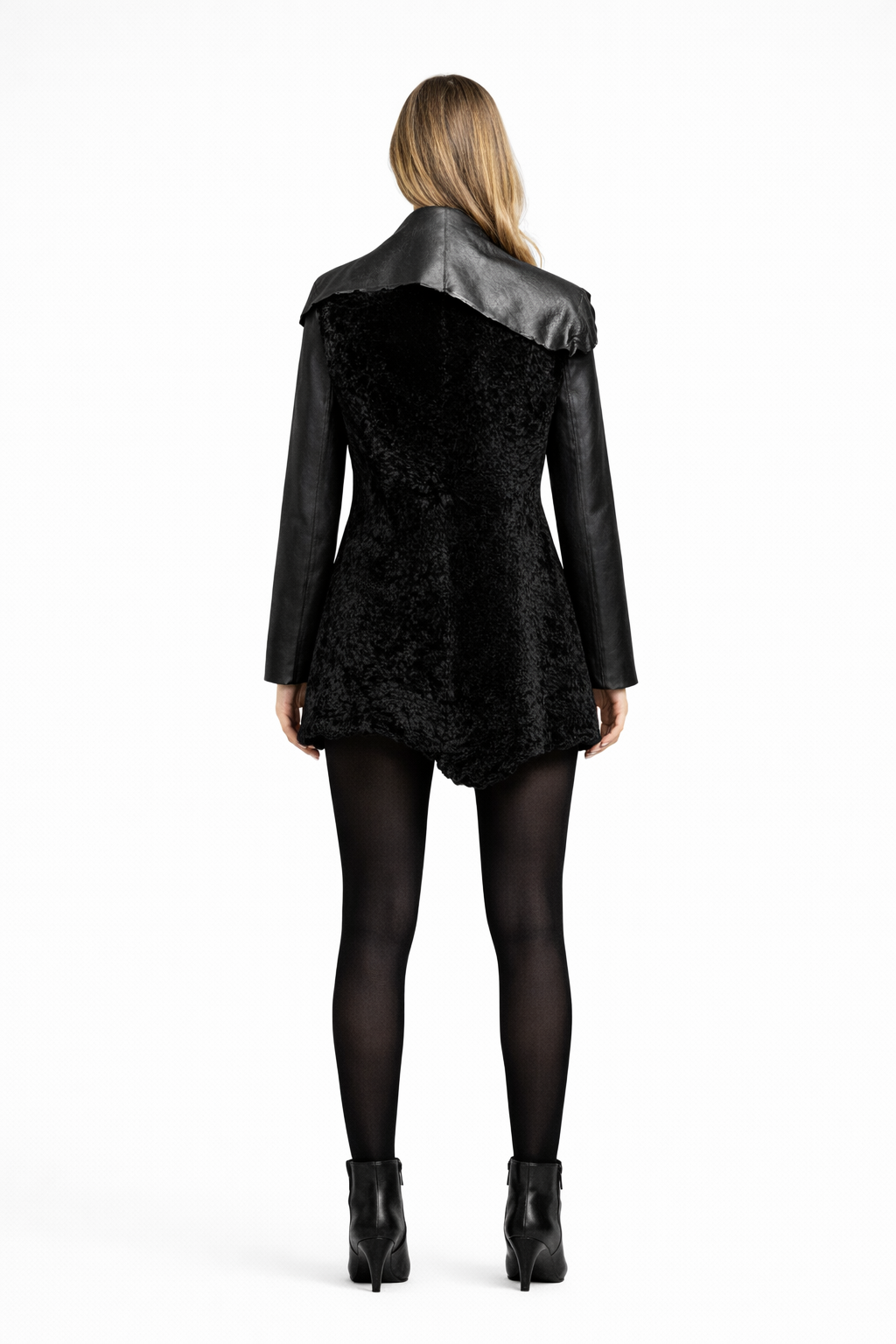 BLACK SUEDE AND LEATHER WOMEN'S JACKET WITH PIECE CUT.