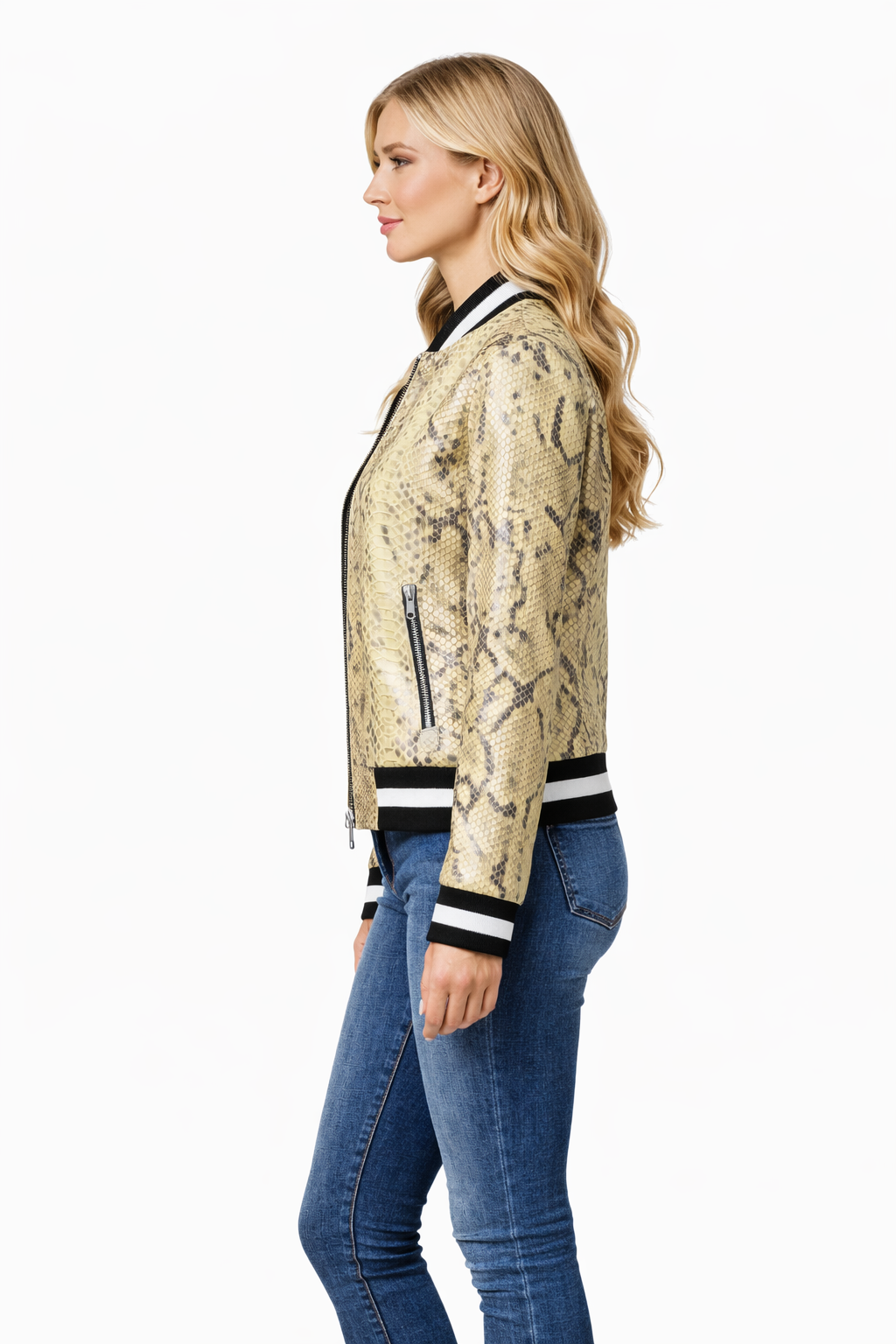 Yellow Lamb Python Print Women College Leather Jacket