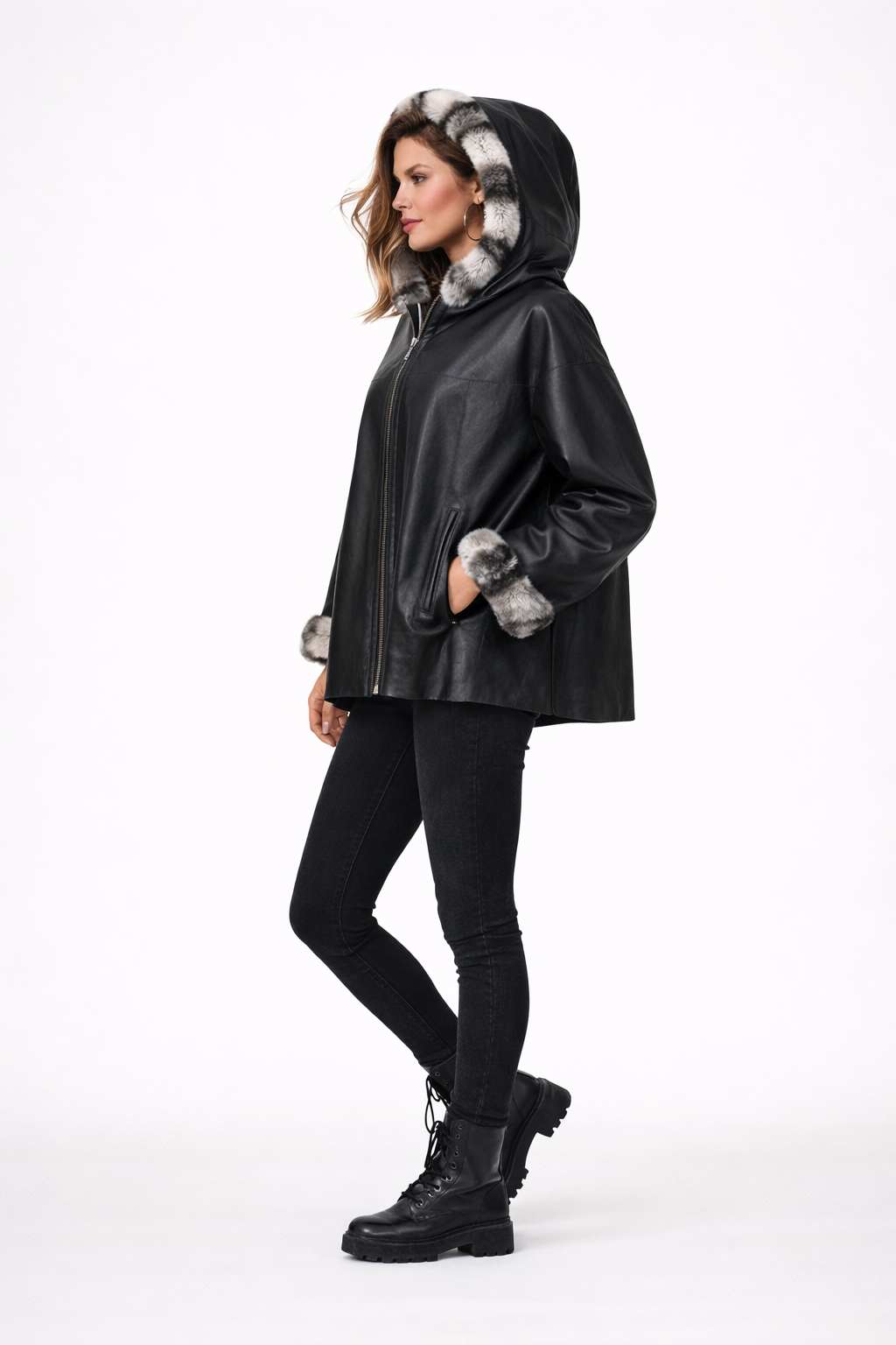 Lamb Leather Black Leather Jacket With Rex Fur for Women