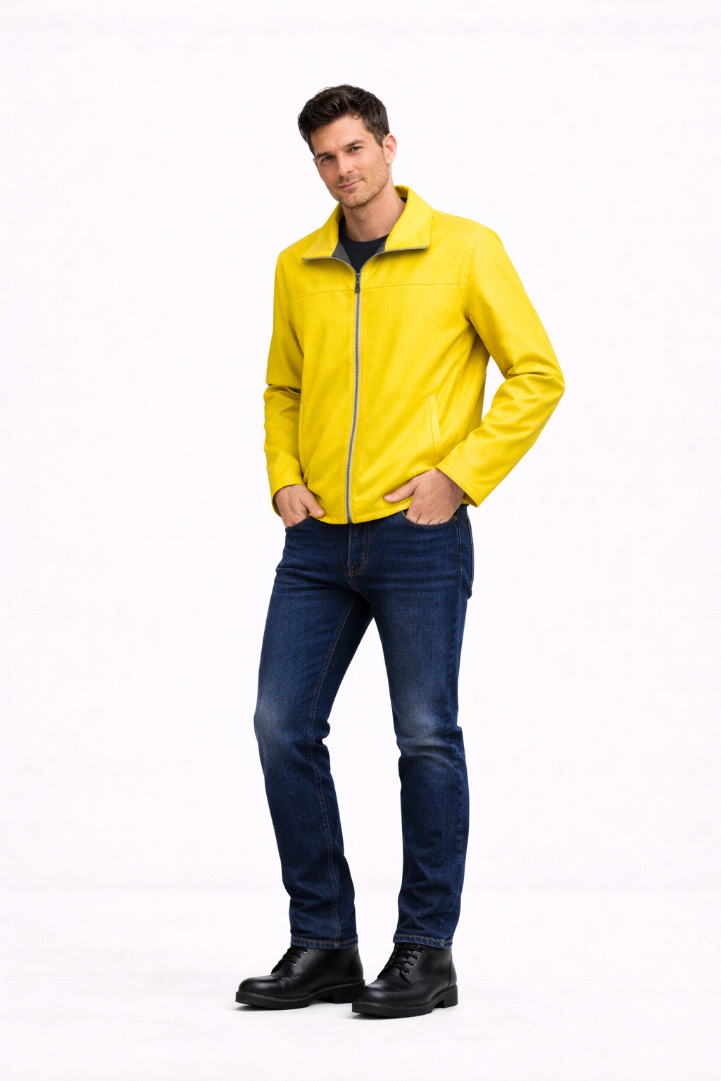 Reversble Lamb Leather and Windproof Fabric Yellow and Black Jacket for Men
