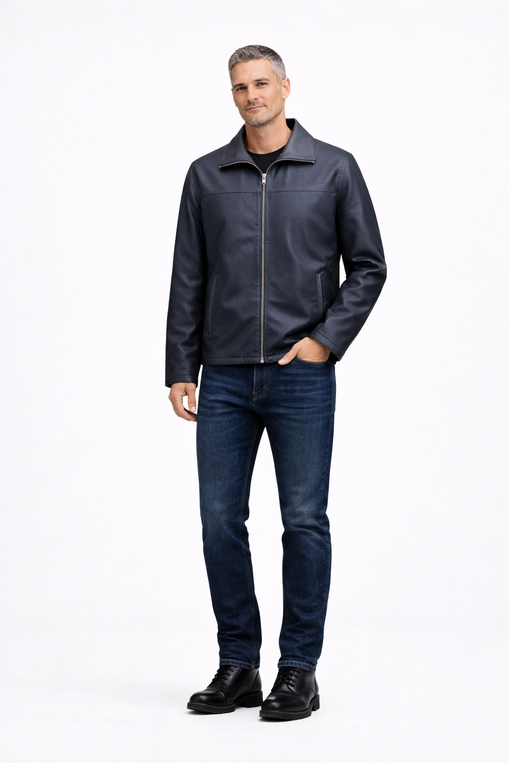 Reversble Lamb Leather and Windproof Fabric Black and Navy Blue Jacket for Men