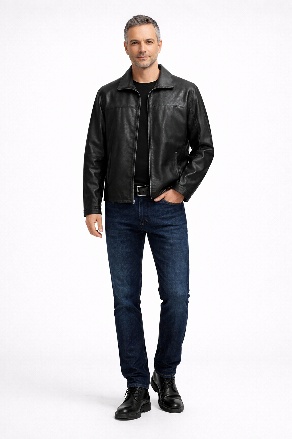 Reversble Lamb Leather and Windproof Fabric Black Jacket for Men