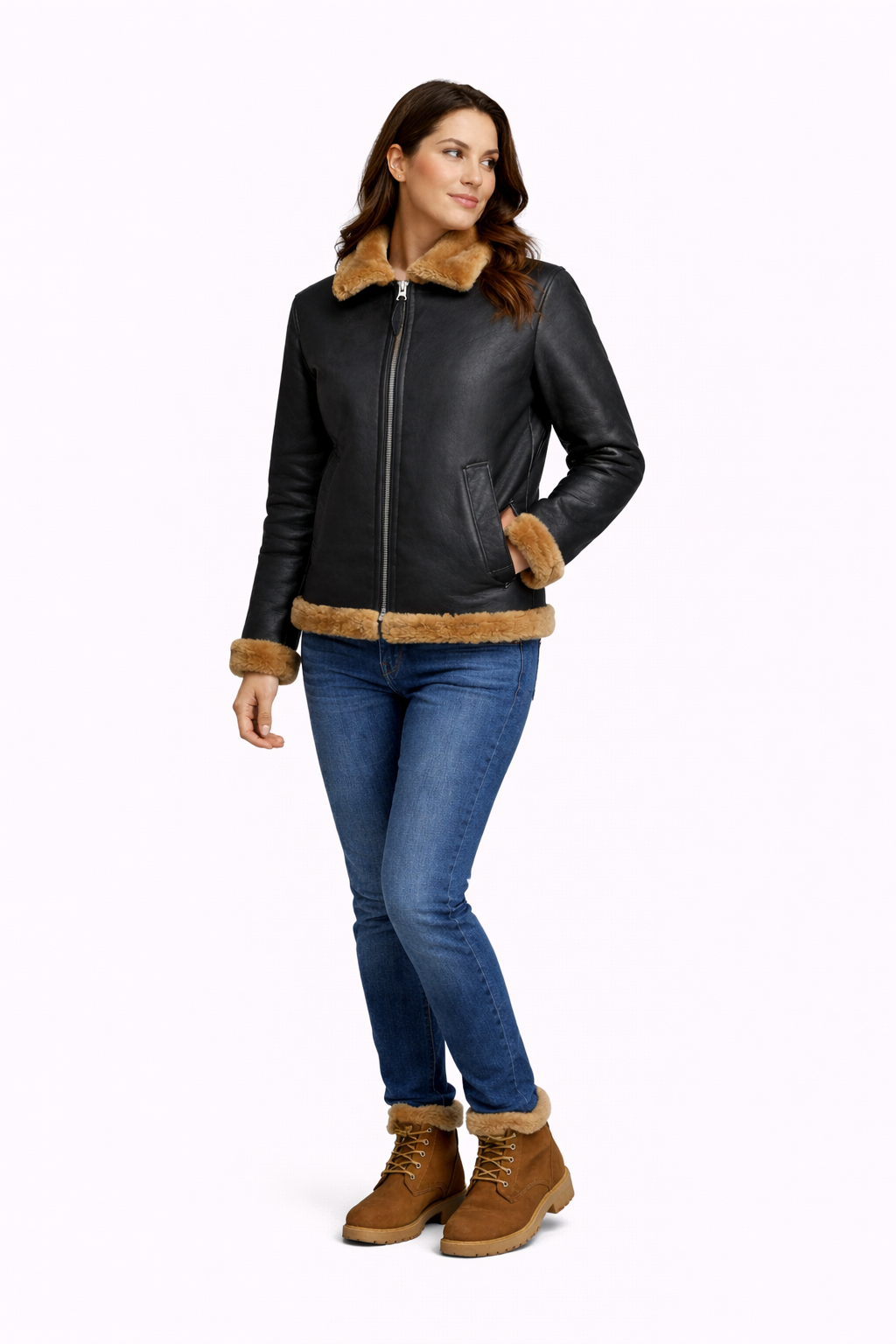 Dark Brown Lamb Fur Leather Jacket for Women