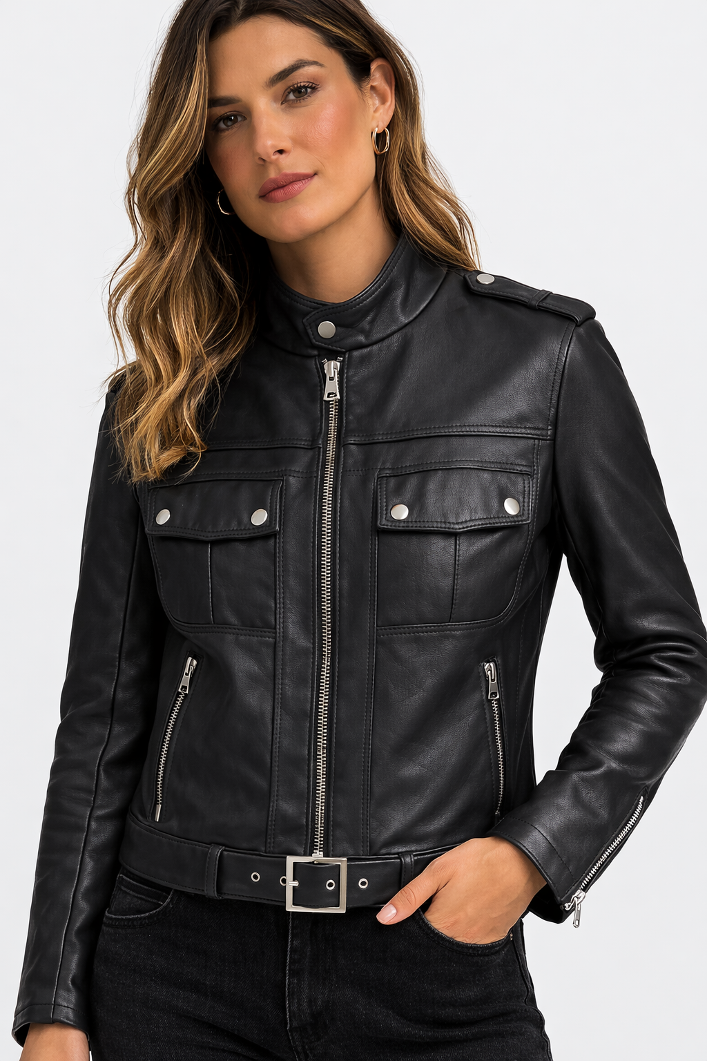 Lamb Leather Black Sportive Leather Jacket for Women
