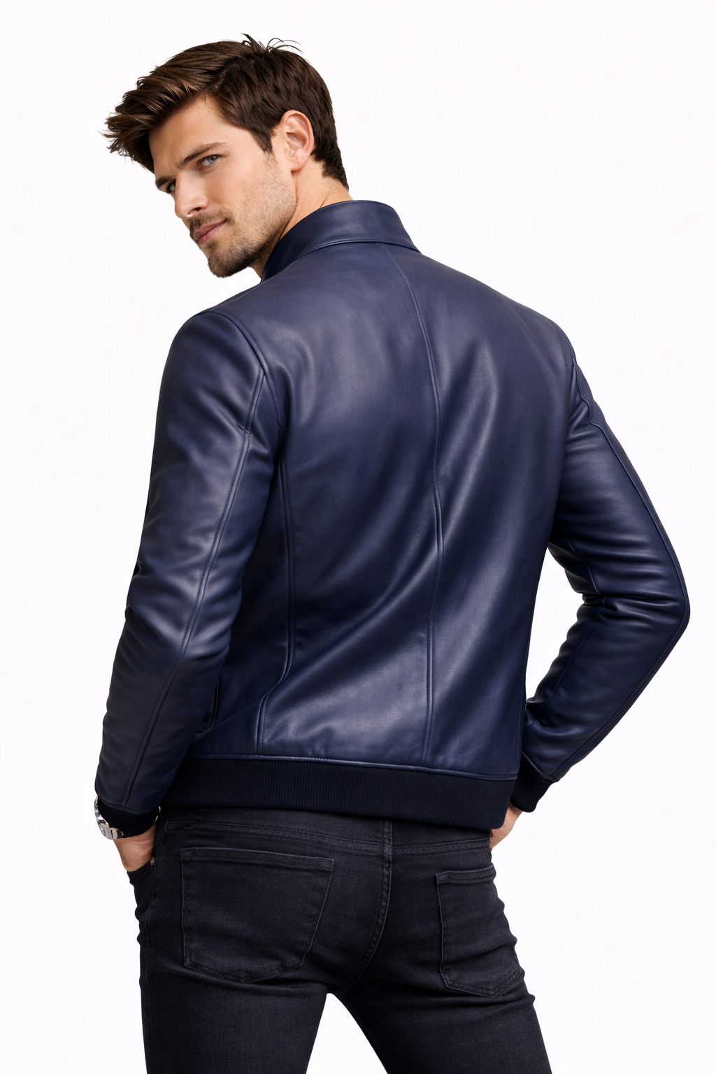 Lamb Leather Navy Blue Leather Jacket for Men