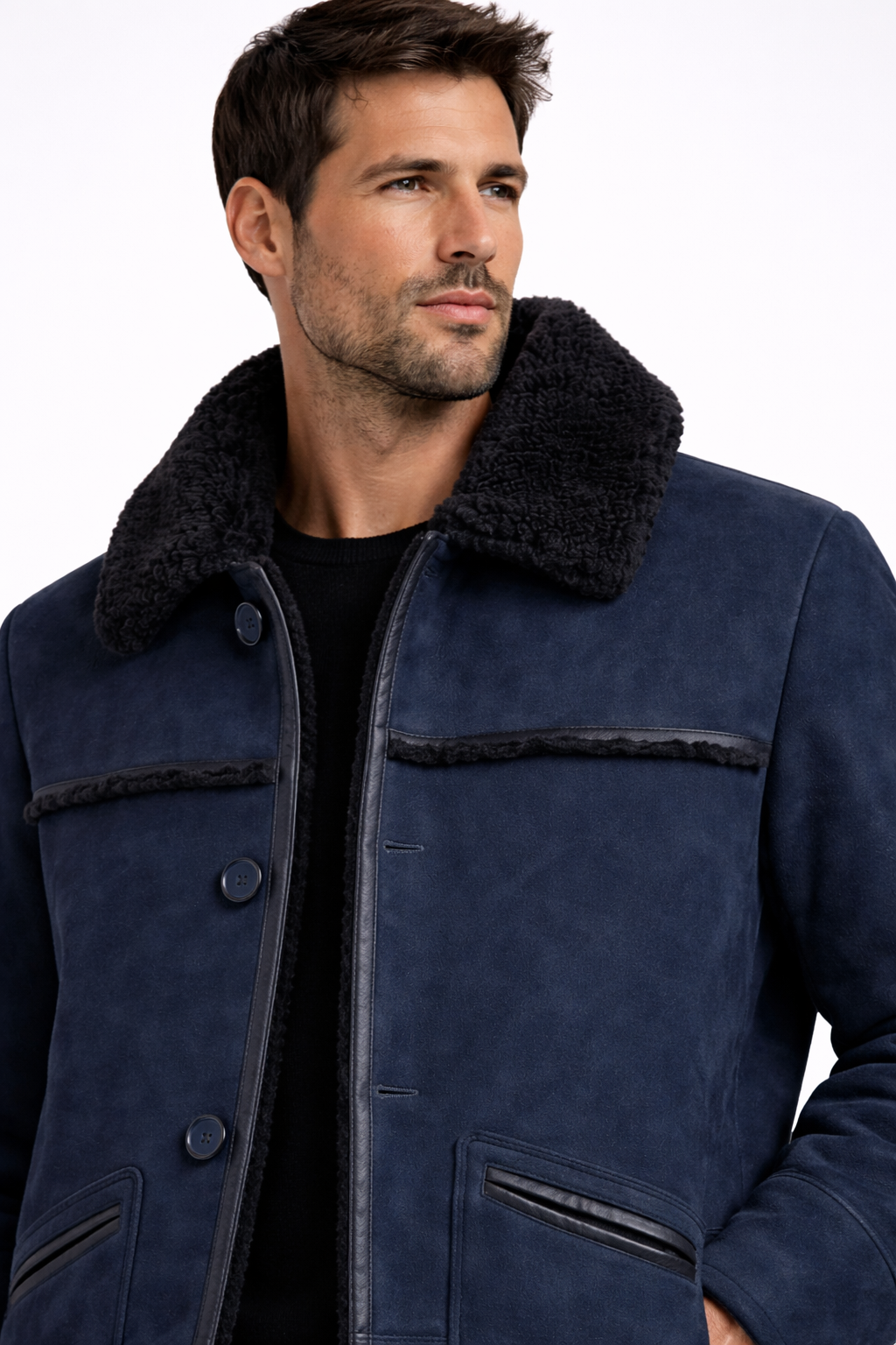 Navy Fur Leather Jacket for Men