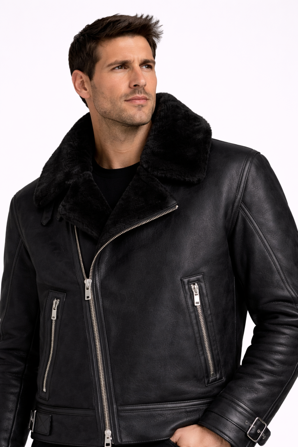 Lamb Leather Black Biker Jacket with Fur for Men