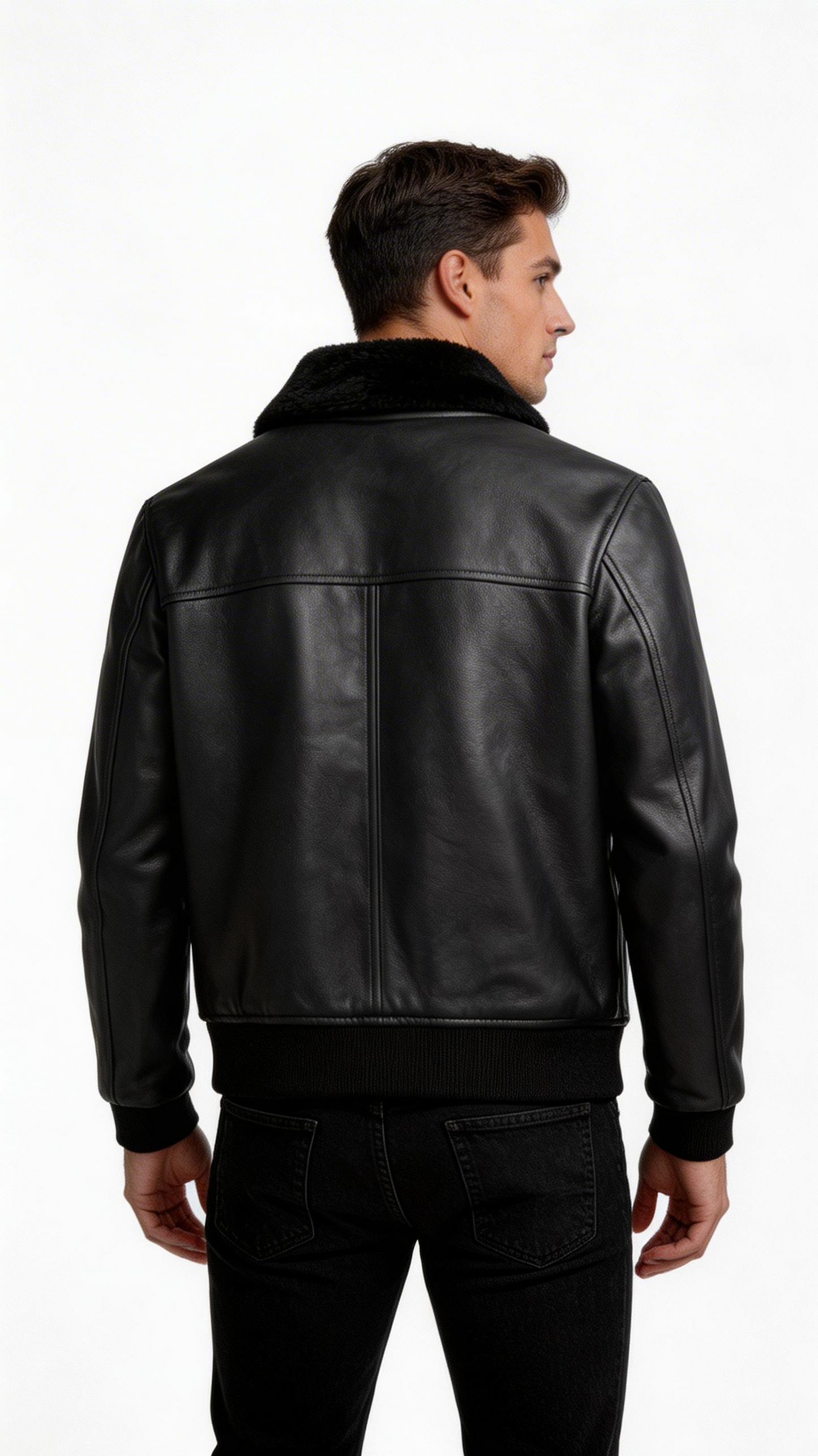 Lamb Leather with Fur Black Leather Jacket for Men