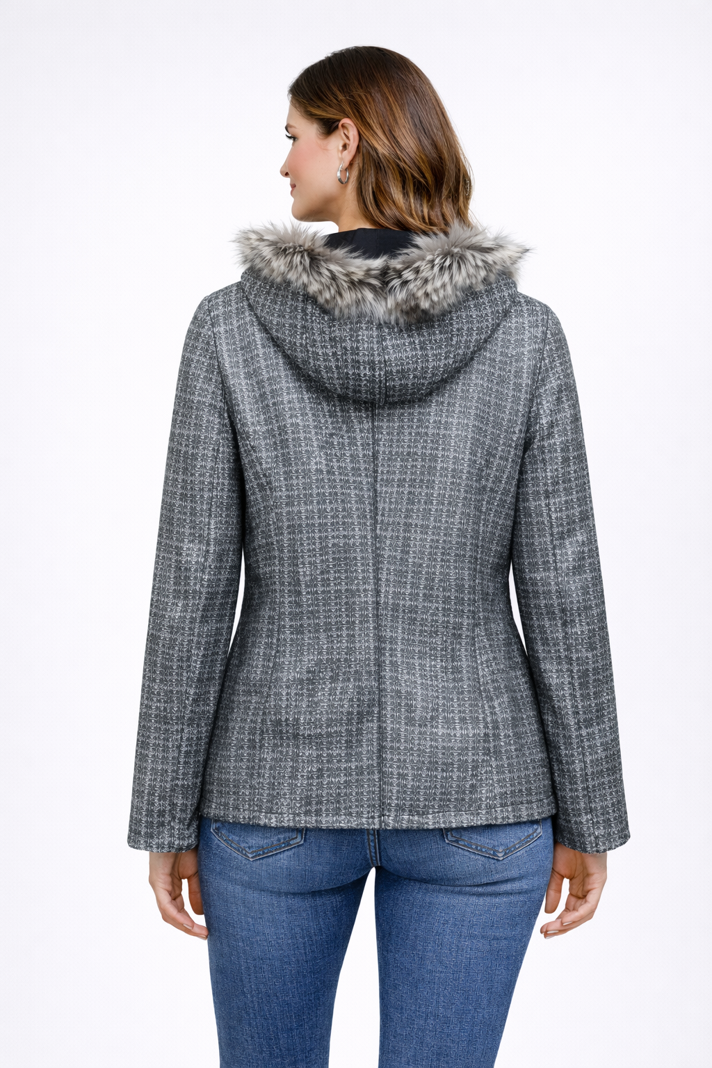 Women's Leather Jacket with Furry Lambskin and Digital Print