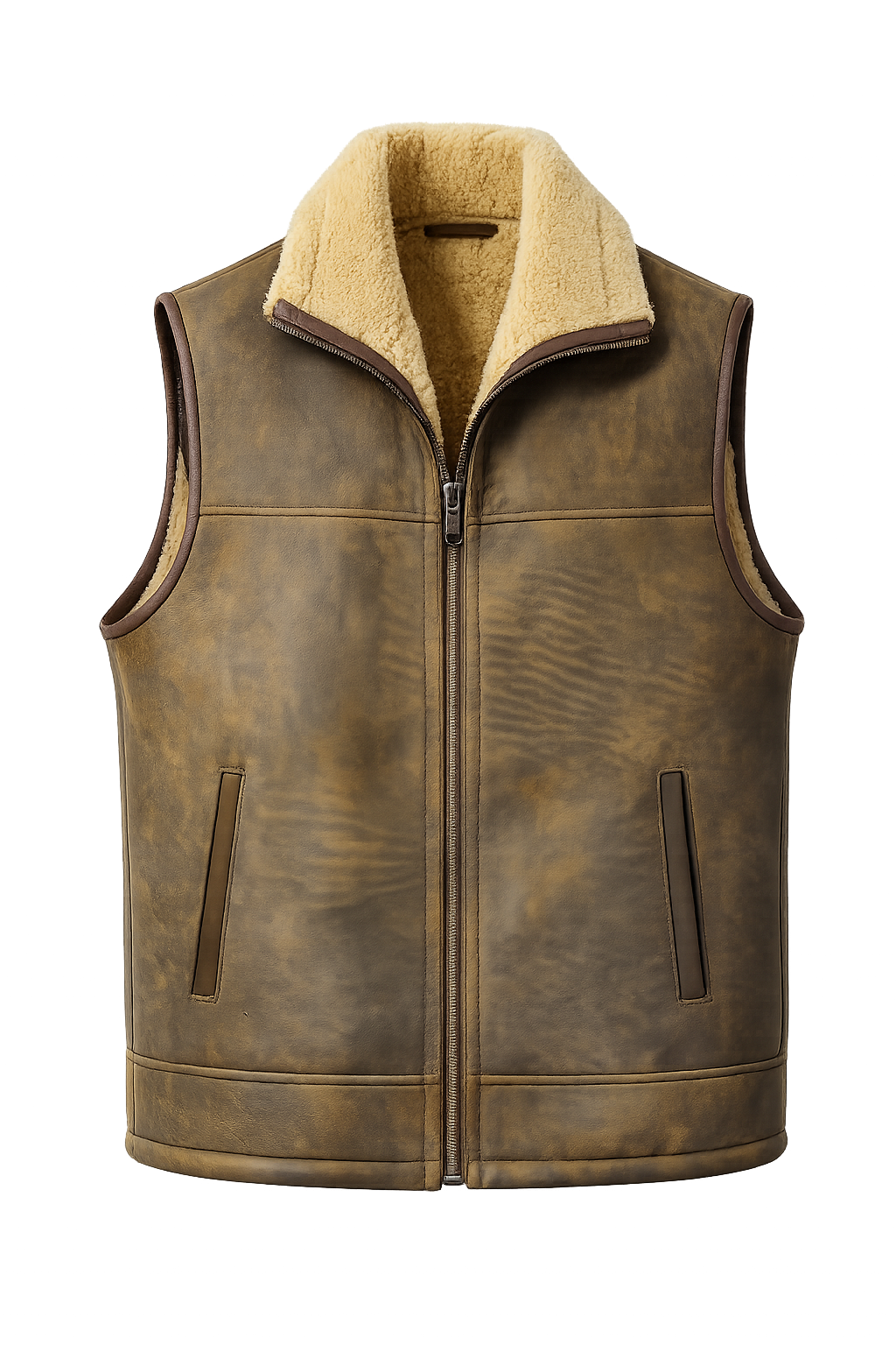Brown and White Leather Fur Waistcoat for Men