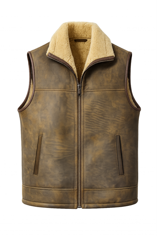 Brown and White Leather Fur Waistcoat for Men
