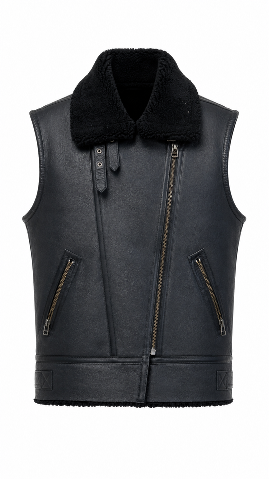 Black Leather and Fur Waistcoat for Men