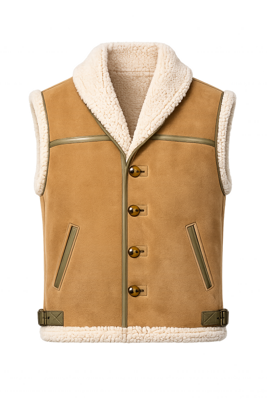 Light Brown White Lamb Fur and Leather Suede Waistcoat for Men