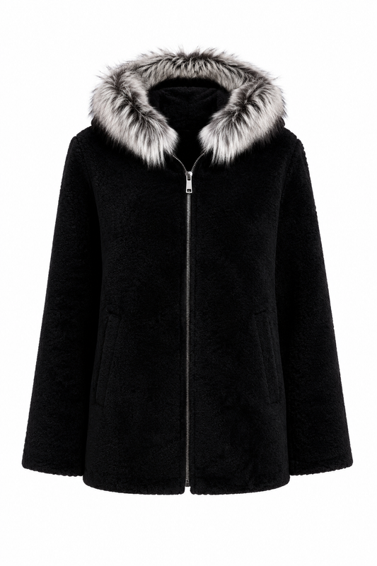 Reversible Black Leather Suede and Digital Printed Leather Hooded Jacket with Fur for Women