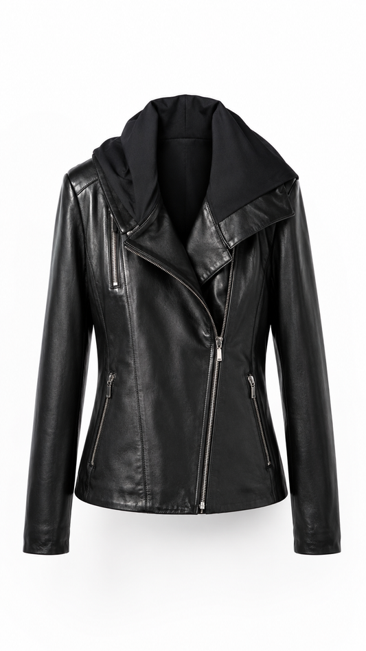Black Lamb Leather Hooded Jacket for Women