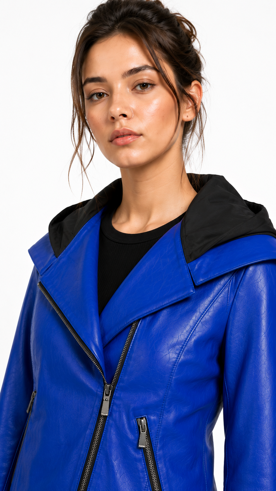 Blue Lamb Leather Hooded Jacket for Women